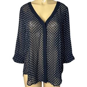 Torrid Black Sheer Button Up Top White Polka Dots Cropped Sleeves SZ 0 Large